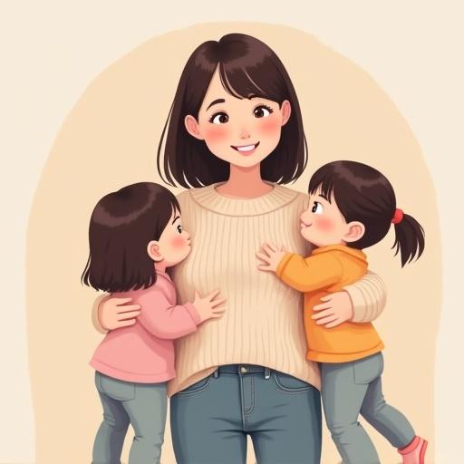 A young woman wearing a soft pastel sweater embraces two children. The woman has medium-length dark brown hair and a gentle expression. The children show joy and affection. The background consists of a light beige color. The image is a flat illustration with soft colors and cozy lighting.