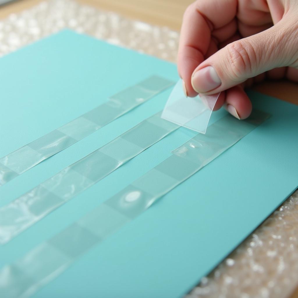 Close-up of a hand applying transparent nano adhesive tape to a teal surface. Tape is glossy and gel-like. Several rows of clear tape are on the surface. The hand is peeling the protective layer. Light wood table and bubble wrap in the background. Soft lighting for a clean and professional look.