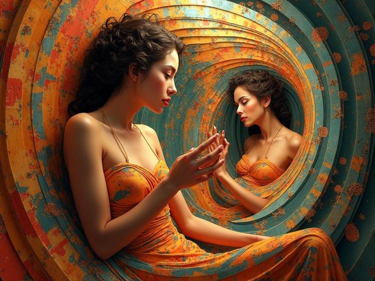 Intricate geometric layers surround a woman in an artistic, abstract setting. The artwork depicts surrealism and multidimensional deformations created with vibrant colors and patterns. The composition is rich in detail and evokes a sense of depth and dimensionality.