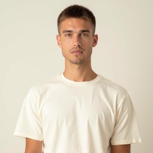 High resolution portrait of a male with short hair wearing a cream T-shirt. Clean-shaven face with neutral expression. Natural skin texture. Directly looking at the camera. Soft even lighting highlights facial features. Simple solid background. Sharp details with subtle catchlights in eyes. Minimalistic composition.