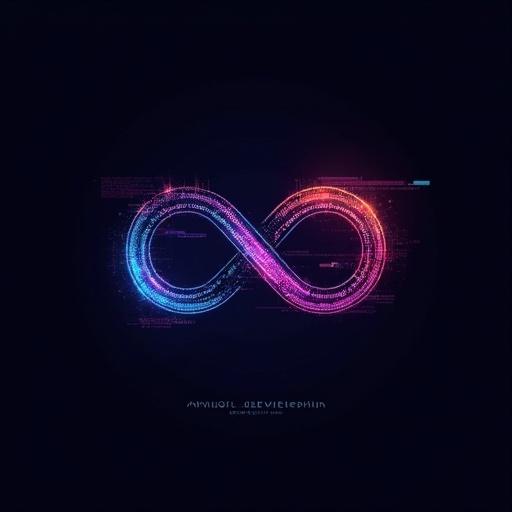 Logo design inspired by programming. Features infinity symbol with binary digits. Dark background with glitch effect. Eye-catching for tech company.