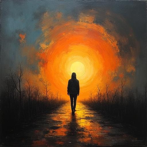 Abstract representation of a solitary figure walking towards a bright sunset. Dark and moody colors dominate. Transparent effects add mystery. Shapes and forms suggest an expressionistic style.