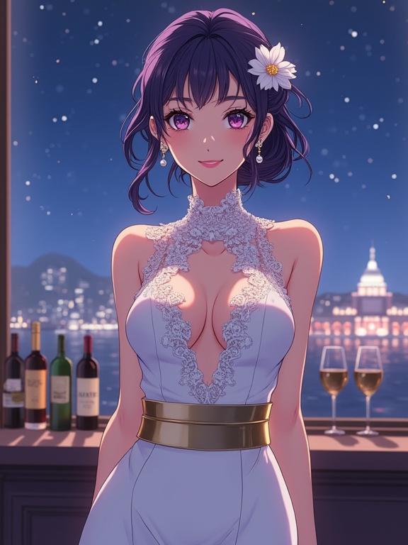 Anime illustration of a beautiful young woman with dark violet hair styled in an updo. She has white flowers and pearl earrings. Her serene smile and gaze are inviting. Dressed in a high neck white gown with lace and a keyhole neckline, a golden belt highlights her waist. Full body shot shows her legs. Cityscape view through a window, wine bottles displayed beneath. Soft lighting creates an elegant atmosphere. The scene captures her beauty and the play of light and shadow.