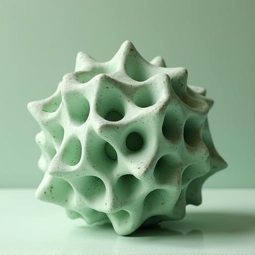 Generate a 3D object with detailed mathematical fractal shapes. Use soft lighting, set on a floor. The object should be a matte light green color made of speckled glazed clay material.