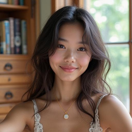 A smiling girl with long black hair in a casual outfit. She stands indoors with natural light coming from a window. The background shows wooden furniture and a cozy atmosphere.
