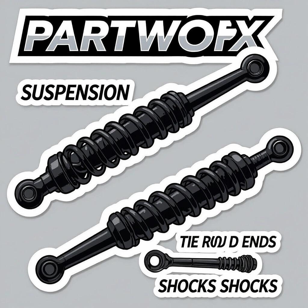 Sticker design for Partworx featuring suspension systems ball joints tie rod ends shocks. Design includes bold text and clear imagery of parts.