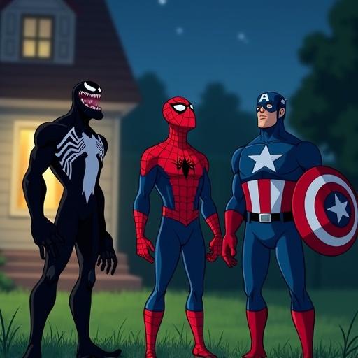 Venom, Spider-Man, Captain America standing closely together on green grass at night in front of a suburban house. All three are looking upwards. Spider-Man is in the center, wearing red and blue suit with a skeptical expression and hands slightly raised in a questioning gesture. Venom in black symbiote suit and Captain America holding his shield are on either side looking up with curious expressions. Cartoon art with 9:16 aspect ratio.
