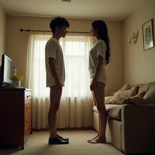 Realistic fraternal scene of a tall woman in a small room with a shorter man. The woman has extraordinarily long legs reaching the ceiling. The man stands at her thigh level. Soft natural light fills the space.