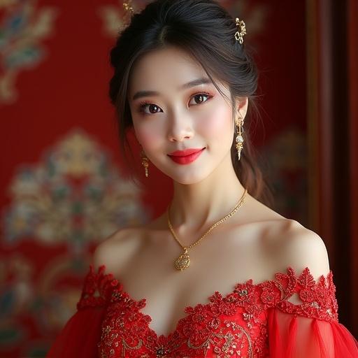 Close-up portrait of a woman in a red wedding dress with bare shoulders. Exquisite makeup enhances her beauty. Elegant embroidery on the dress brings out national style. Background is simple with faint national elements. Main colors are red, accented with gold or white. Soft lighting creates a warm and romantic feel. Overall presentation embodies romance and national aesthetics.