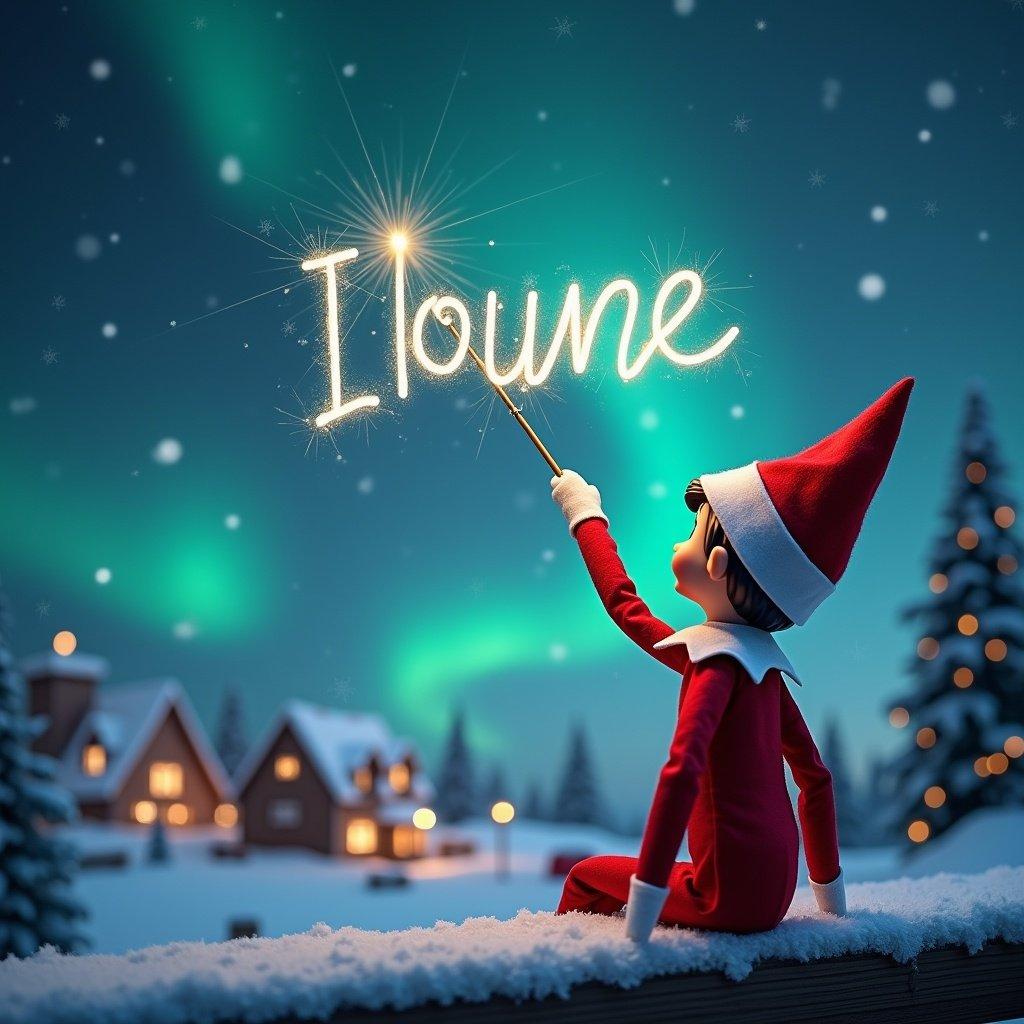 Elf on the Shelf facing sky using wand to write child's name. Background features magical Christmas scene with northern lights and Santa.