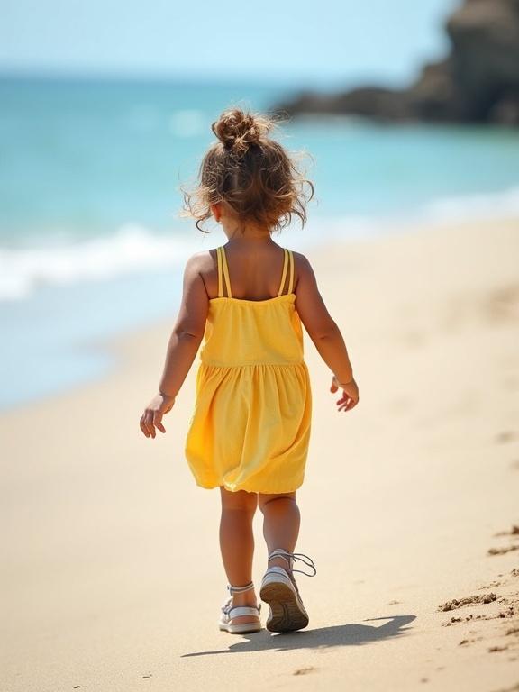 A little girl walks on a sandy beach. She wears a bright cotton sundress and strappy sandals. The background features the ocean and a clear sky.