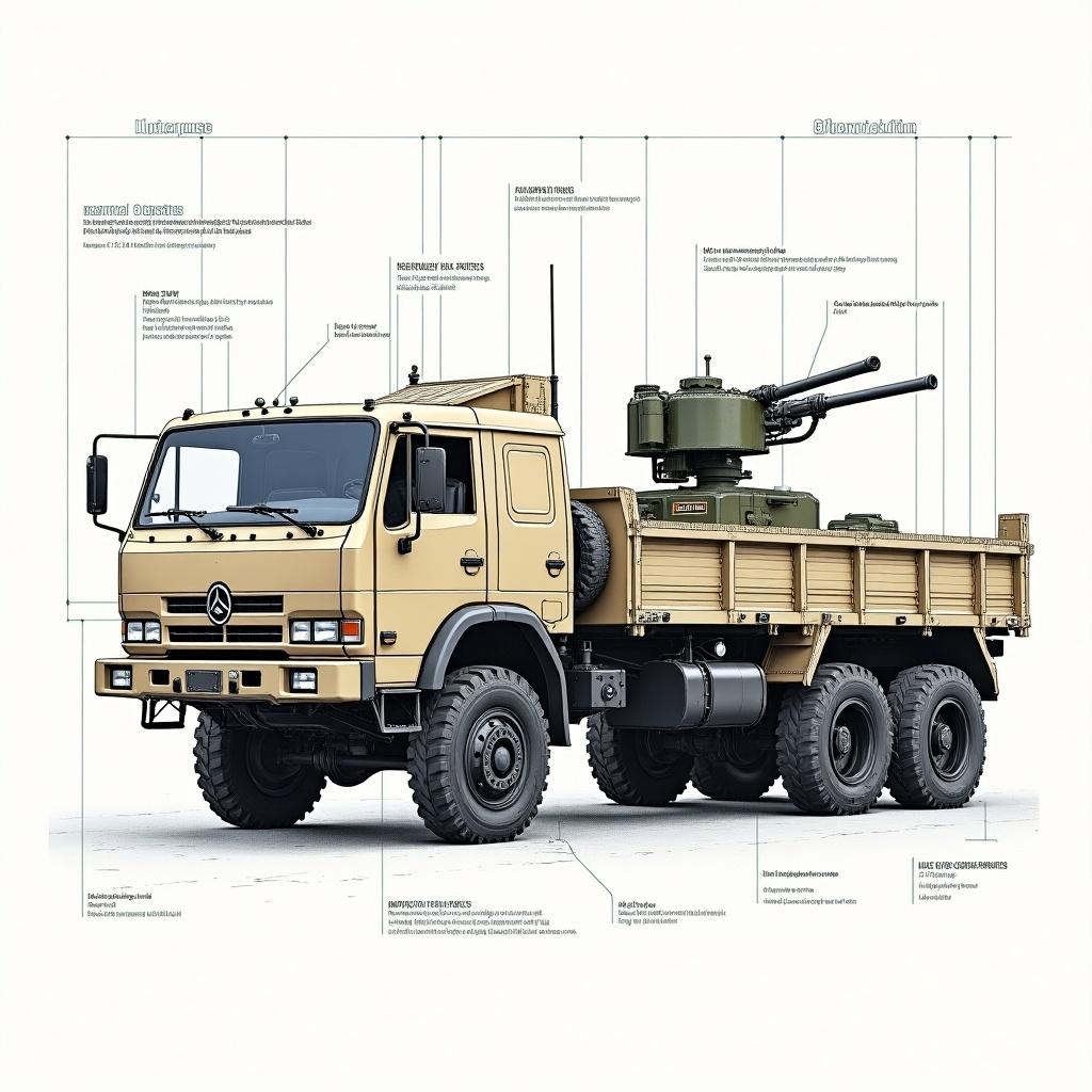 Tactical armored vehicle on Hino 500 chassis designed with ZU-23-2 combat module. Detailed technical blueprint showing specifications, dimensions, and armored capsule structure. Annotations include frame reinforcements and gun mount details. Overhead view with exposed chassis rails and weld line visibility.
