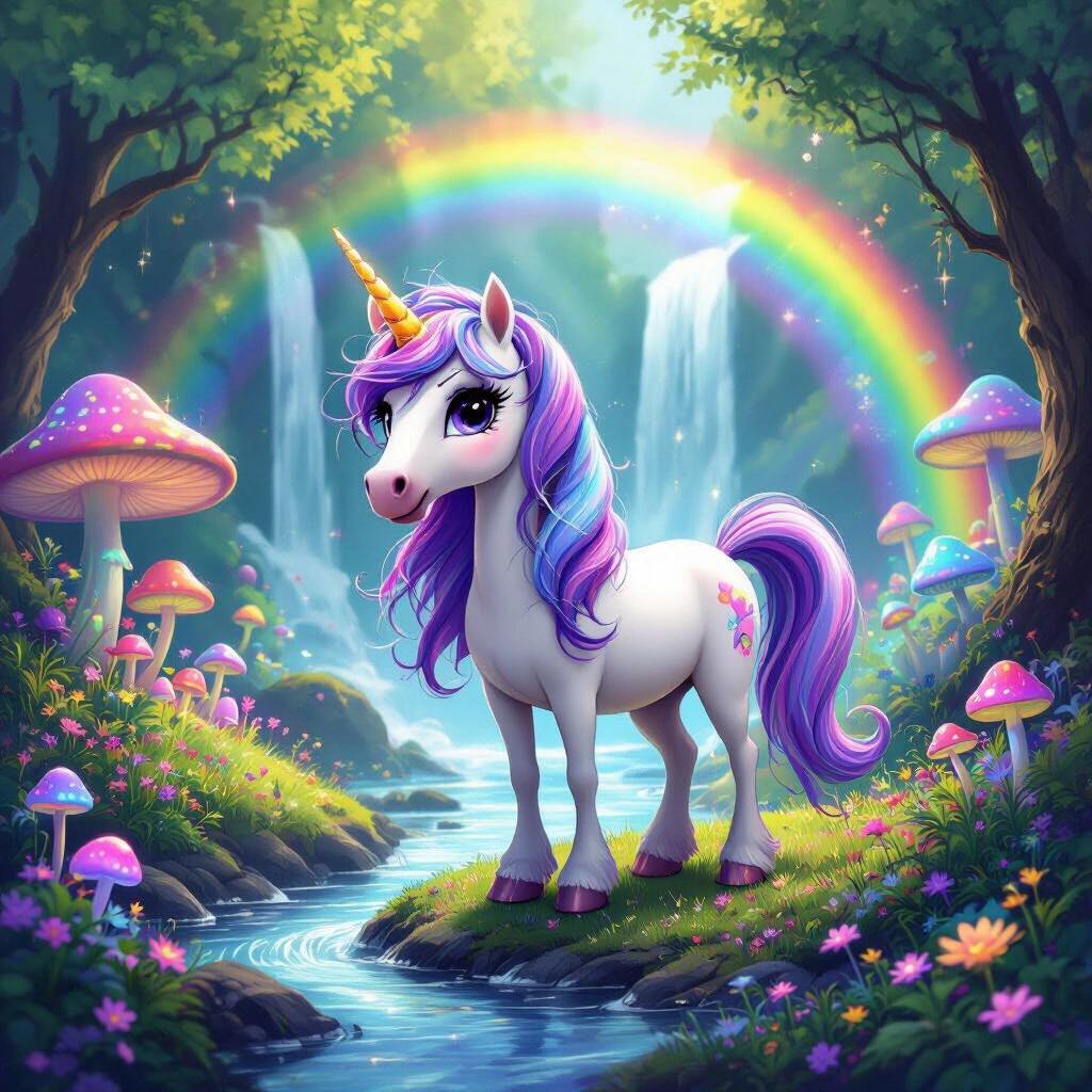 Cartoonish unicorn with long purple hair near a lush waterfall in a vibrant fantasy forest filled with iridescent mushrooms and glowing flowers.