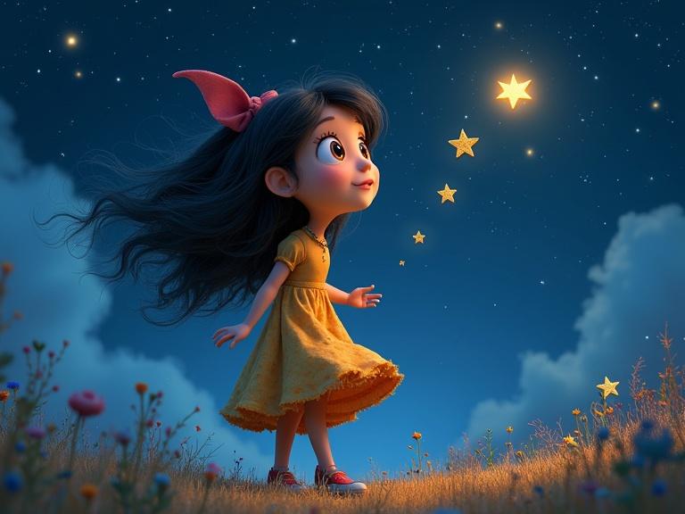 3D multi-layered Pixar art. Girl walks under night sky to catch falling stars. Expressive eyes and mischievous expression. Textured stars shine in the background. Bohemian elements add charm. Octane rendering enhances details