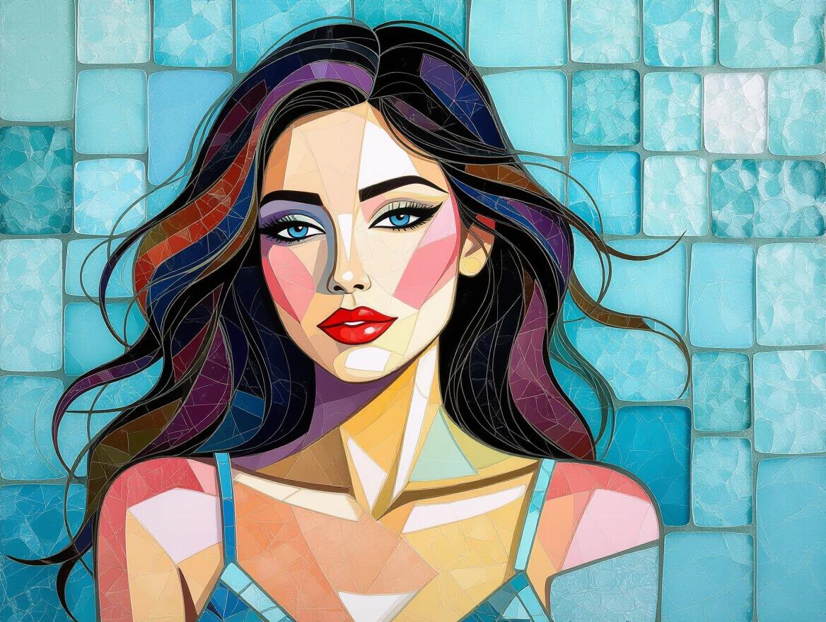 Nude woman depicted in an abstract style using iridescent ceramic tile and glass mosaic. Features vivid colors with a focus on the face and hair. Showcases encaustic mixed media elements resembling an underwater coral reef vibe.