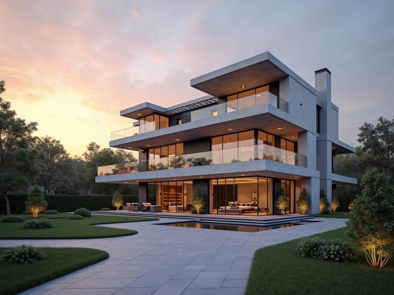 The image shows a modern architectural building set against a backdrop of a sunset. The structure has a minimalist design with a mix of concrete and glass elements, and it appears to be large and spacious. The building features several layers and levels, giving it an intricate appearance while maintaining clean lines. Surrounding the building are manicured lawns and an inviting driveway leading up to the entrance. The evening sky adds a warm glow to the overall scene, emphasizing the building's contemporary allure.