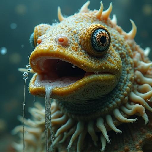 Close-up of an axolotl in a watery environment. Colorful features and expressive eyes. Textures and droplets of water visible.