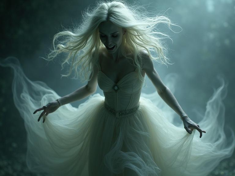 Ethereal female figure dressed in a flowing gown radiates beauty. Hair billows dramatically as she lunges forward. A ghostly mist swirls around the figure creating an otherworldly effect.