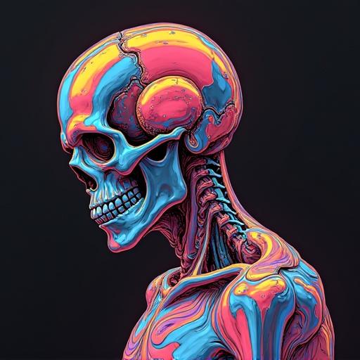 Psychedelic artwork representing a human skull and shoulder. Bright colors used to depict anatomy. Side profile view.