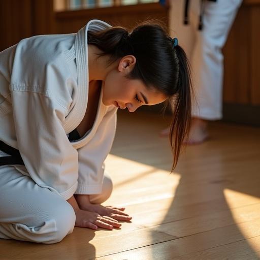 A close-up shot of a kneeling female karate fighter. Upper body leans forward with elbows touching the wooden gym floor. She has an asymmetrical hairstyle with an undercut on the right and long hair on the left. Dressed in a karate gi. Sunlight casts reflections onto the dojo floor. Another female fighter uses her bare foot, pressing down on the first fighter's neck.