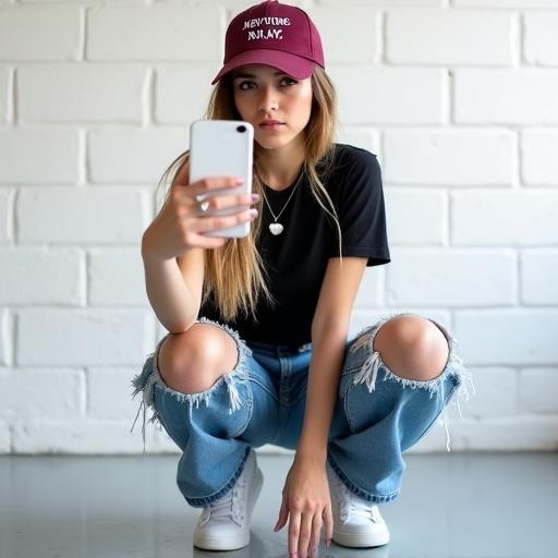A young woman with long light brown hair is crouching. She is taking a selfie with a white smartphone. She wears a maroon baseball cap with New York text. Her makeup is noticeable on her defined eyes and lips. She is dressed in a black round neck t-shirt and light blue wide-leg ripped jeans. Chunky white sneakers are on her feet. A simple silver necklace with a heart is visible. The setting is bright and minimalist with a white block-pattern wall. The floor is light grey.