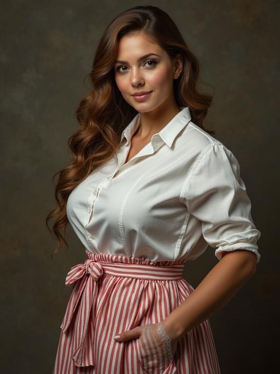 Portrait of a beautiful woman with a slim waist and large bust wearing a white shirt and striped skirt with an apron. Stunning features and soft light in the background.