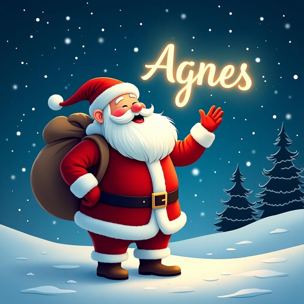 A cheerful Santa Claus stands in a snowy landscape, joyfully writing the name ‘Agnes’ in the night sky with a magical light. He is dressed in a traditional red suit with white trim and carries a large sack over his shoulder. The background features a starry night sky sparkling with stars and gently falling snowflakes, enhancing the festive atmosphere. Pine trees are visible in the distance, completing the winter wonderland feel. The scene radiates joy and holiday spirit, perfect for celebrating Christmas.