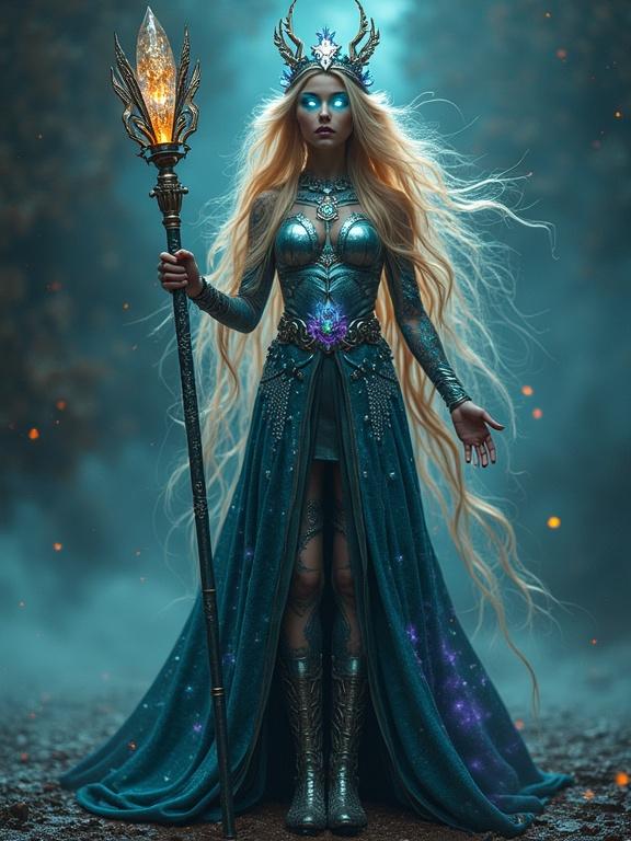 Full-body image of a cosmic guardian woman facing the camera. She has golden teal hair with silver highlights. Her glowing blue eyes resemble galaxies. Skin is deep obsidian with starry flecks. Dressed in futuristic robes flowing like liquid metal. Intricate tattoos pulse with color. Wields a crystalline scepter with light. Crowns feature shifting gemstones.
