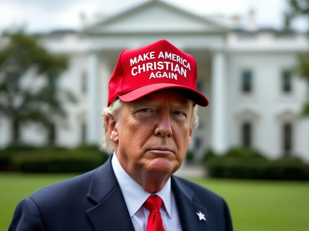 Donald Trump stands on the White House lawn. He wears a red hat with the words Make America Christian Again. His expression is serious and direct. The background features the White House building.