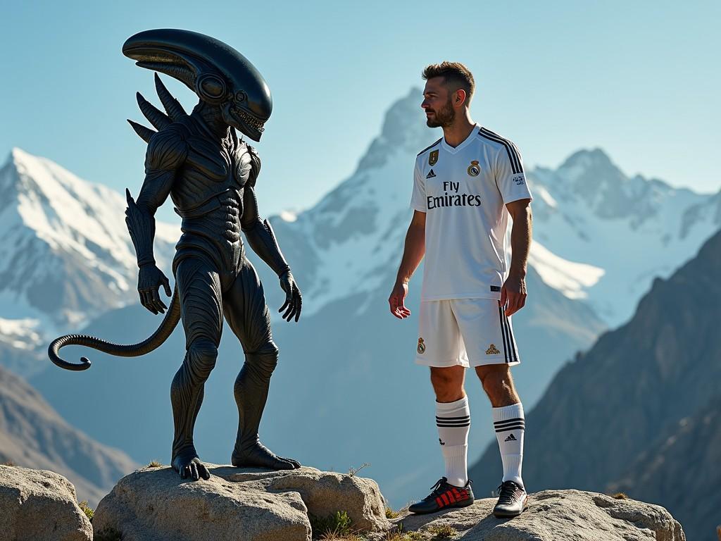 In this surreal image, a soccer player in a Real Madrid kit stands face-to-face with an iconic alien creature atop a mountainous landscape. Majestic snow-capped peaks provide a striking backdrop, adding to the unusual and imaginative scene. The contrast between the earthly and extraterrestrial elements creates a sense of wonder and humor.