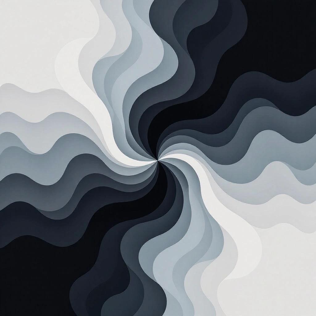 Abstract design with blended misty shapes. Dominated by flowing forms in black, white, and grey. Lacks defined edges, resembling clouds or smoke. Soft, organic shapes billow and overlap. Smooth transitions of tones create dimension and depth. Light highlights and dark shadows enhance movement. Composition is balanced and calm, depicting a sophisticated elegance.