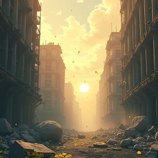 Anime style illustration of a post-apocalyptic ruined city with broken skyscrapers and shattered concrete. Debris scattered around. Faint smoke in the air. Yellow flower petals falling. Soft golden glow in the atmosphere. Cinematic lighting creates a dreamy yet somber tone in a quiet desolate environment. Detailed background with semi-realistic shading shows a surreal contrast between decay and beauty.