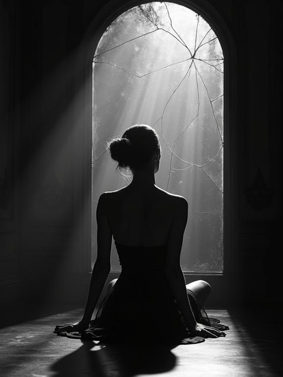 Film noir style image featuring a dancer in front of a cracked mirror. Black-and-white photography with high contrast shadows and a softly focused background. Sunlight filtering through a window creates a vintage cinematic atmosphere.