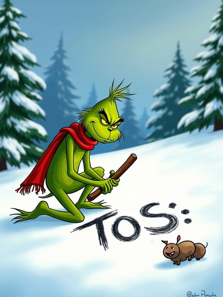 The Grinch draws the word Tos in the snow with a stick. Surrounding hills and evergreen trees create a wintery backdrop. The Grinch has a bright green color and wears a vivid red scarf.