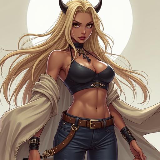 Semi-human character from the demonic race. Female sword fighter with a large bust and hips. Dark skin, long beige hair, dressed in pants and a top. Anime style illustration.