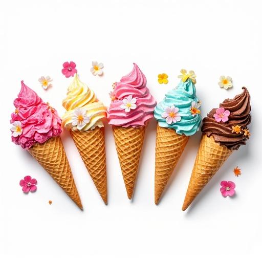 Vibrant artistic arrangement of five different ice cream cones each unique in flavor and decorated with flowers on a clean white background emphasizing creativity and visual appeal.