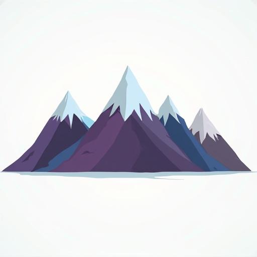 Stylized 2D mountains in a row. Sharp peaks with smooth shapes. Flat colors and minimal shading. Cartoon style with clean lines. Vibrant colors and no background clutter. Side view in a simple silhouette. High contrast.
