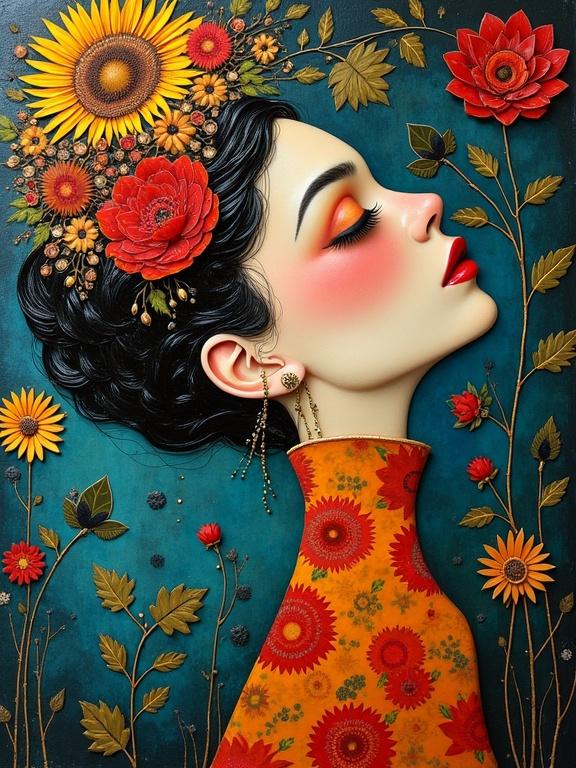 Masterpiece 3D multi-layered artwork showcasing a vibrant lady. Encaustic mixed media style inspired by various artists. Many intricate details and whimsical themes.