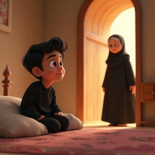 A 7-year-old Middle Eastern boy in black clothes sits on a soft rug rubbing his eyes. A grandmother in a black abaya stands in the doorway smiling warmly. The room has warm beige walls and a soft atmosphere.