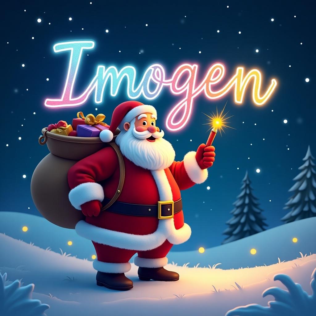 Christmas theme with Santa Claus writing the name Imogen in colored font in the sky using a colorful glow pen. Snowy landscape with twinkling lights in the background.