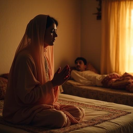 In a modest Pakistani bedroom a sorrowful woman in traditional attire prays at the edge of the bed her husband rests beside her. The room is warmly lit with cultural decor creating an ambiance of faith and longing.
