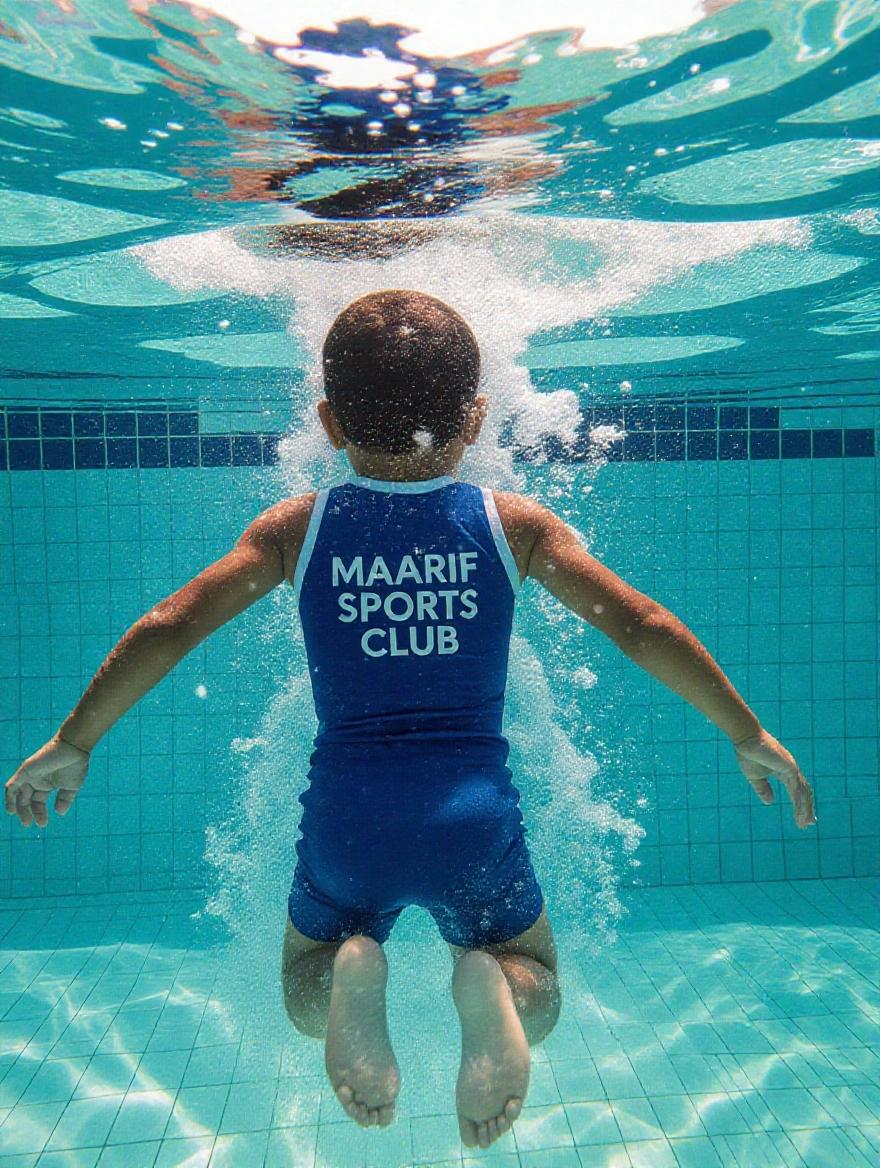 High-quality image of an 8-year-old boy diving into a clear swimming pool wearing blue swimsuit with "Maarif Sports Club" on the back. Captures splashing water and bubbles. Sunlight reflections create a cinematic effect.