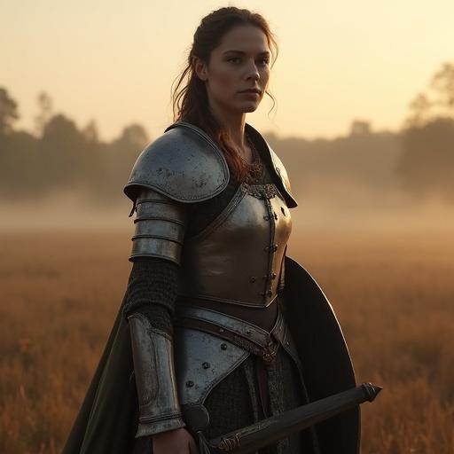 Mature female warrior stands in worn medieval armor. Calm sharp eyes reflect experience and strength. Brown hair tied back, holds sword and shield relaxed yet ready. Quiet battlefield at dusk surrounded by mist and fading sunlight. Radiates resolve. Soft color grading with realistic detail.