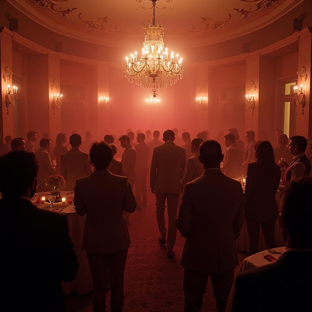 A party held in a mansion with a large crowd dressed in formal attire. The room is elegantly designed with chandeliers. Fog enhances the atmosphere.