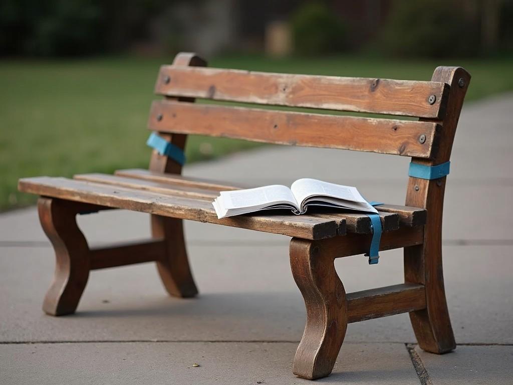 A wooden bench in a park with an open book placed on it, capturing a serene and inviting atmosphere.