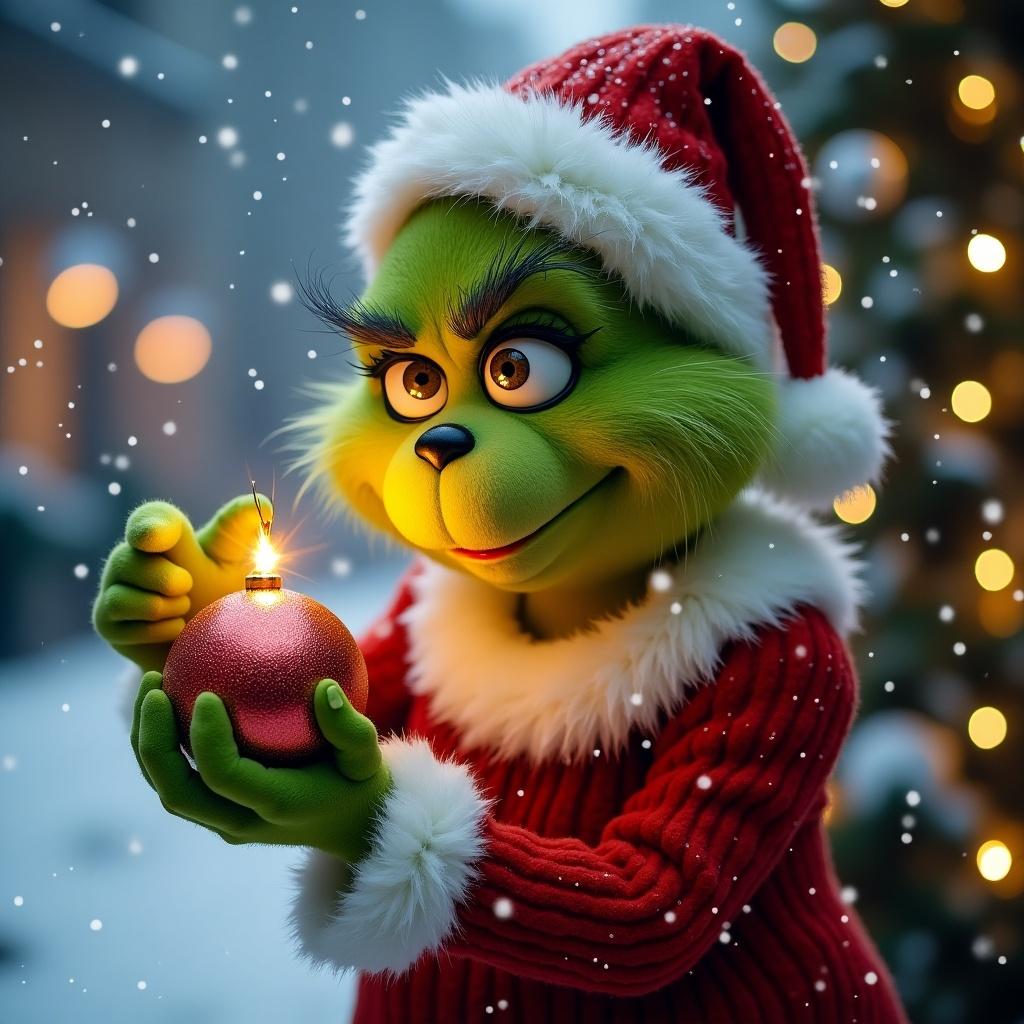 A Grinch character dressed in a Christmas outfit is holding a shiny bauble. The background features snow and decorative lights.