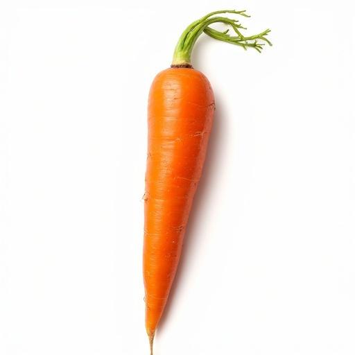 A carrot isolated on a white background. The carrot has a vibrant orange color and green leafy tops. It is laid out in a vertical position against a plain white background.