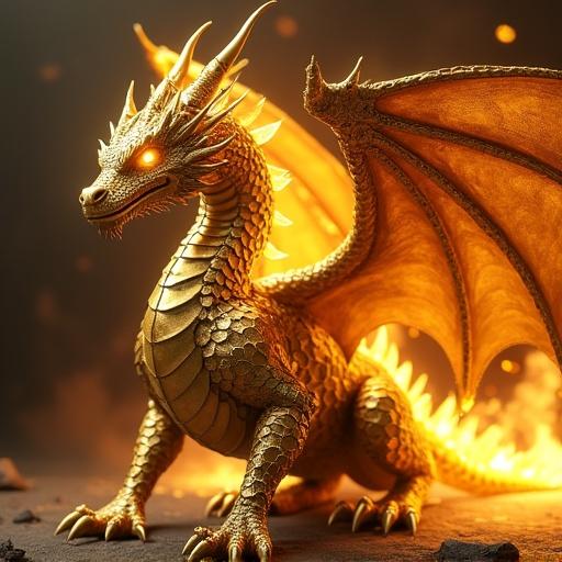 Dragon crafted from golden plates with bright glowing eyes and golden scales. Represents ultimate power and destruction. Intricate details on scales with fiery aura.