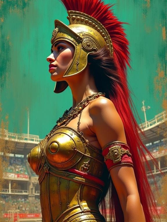 Illustration of a bejeweled Spartan warrior in an arena. Artwork features dazzling colors and textures with a Post-Impressionistic aesthetic.