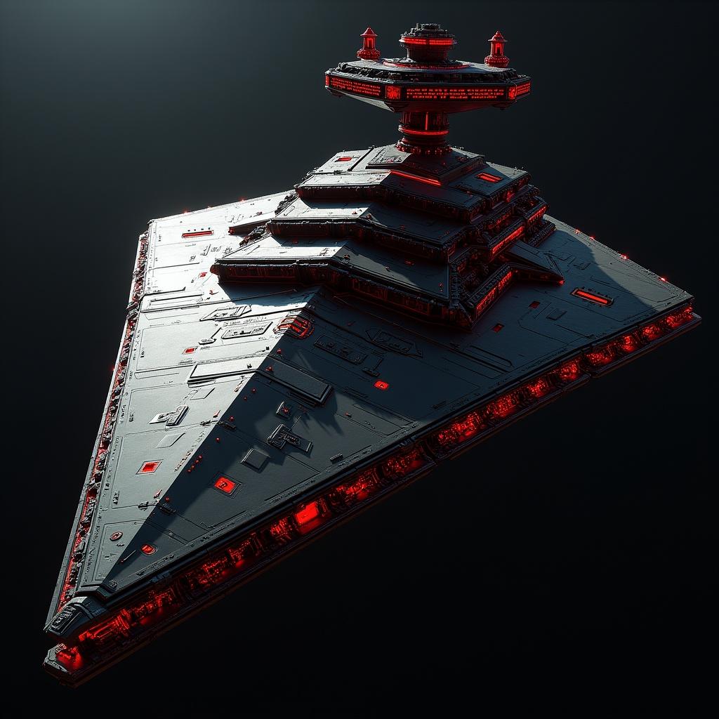 Sleek and angular spaceship in matte black with crimson accents. Features a central spire with command deck. Equipped with multiple bombardment cannons and advanced point defense systems. Design conveys an aggressive and elite status. Large and imposing size.